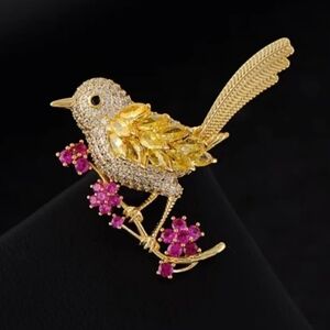 "POPULAR" Bold SPARKLING Rhinestone Bird Brooch with Pink Accents